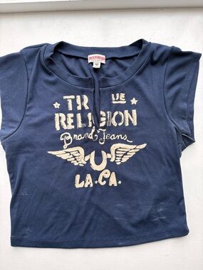 True Religion Navy Blue Graphic Crop Top with Cream Logo